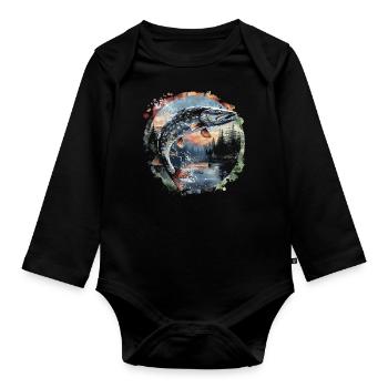 Jumping Fish – Angler Motif – Dynamic Catch - Organic Longsleeve Baby Bodysuit - black - Front