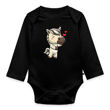 Fjordpferd Kawaii Emoticon - Baby Bio-Langarm-Body - Schwarz - Vorne