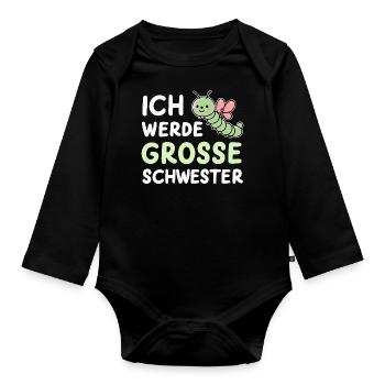 Große Schwester Raupe Schwangerschaftsverkündung - Baby Bio-Langarm-Body - Schwarz - Vorne