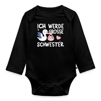 Große Schwester Storch Ankunft Babyparty Geschenk - Baby Bio-Langarm-Body - Schwarz - Vorne