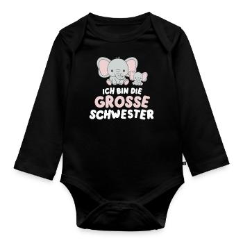 Ich werde große Schwester Elefant - Baby Bio-Langarm-Body - Schwarz - Vorne