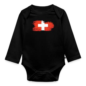 Switzerland - National Flag, Brush Effect - Organic Longsleeve Baby Bodysuit - black - Front