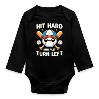 Baseball Player Hit Hard Run Fast Turn Left - Organic Longsleeve Baby Bodysuit - black - Front