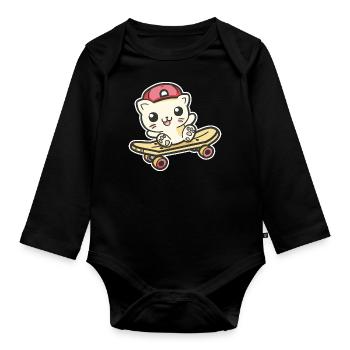Skateboarder Cat - Organic Longsleeve Baby Bodysuit - black - Front