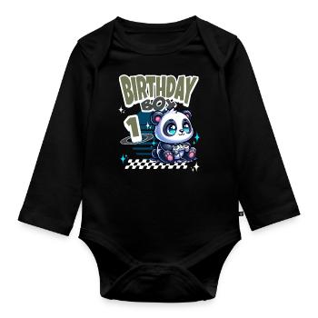 1st Birthday Children's Birthday Gaming Panda - Organic Longsleeve Baby Bodysuit - black - Front
