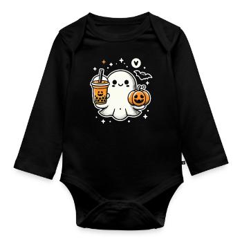 T-Shirt d’Halloween : Fantôme avec citrouille Bubletea - Body Bébé bio manches longues - noir - Devant