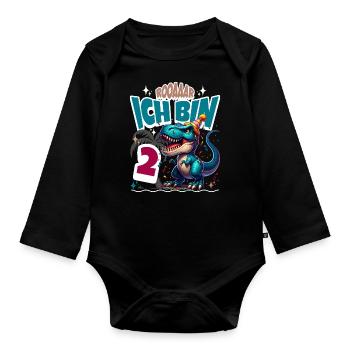 T Rex Dinosaurier 2. Geburtstag Kindergeburtstag - Baby Bio-Langarm-Body - Schwarz - Vorne