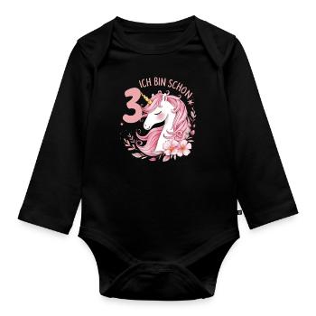 3. Geburtstag Mädchen 3 Jahre Pferd Pferde Einhorn - Baby Bio-Langarm-Body - Schwarz - Vorne