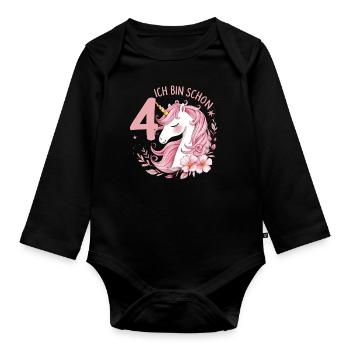 4. Geburtstag Mädchen 4 Jahre Pferd Pferde Einhorn - Baby Bio-Langarm-Body - Schwarz - Vorne