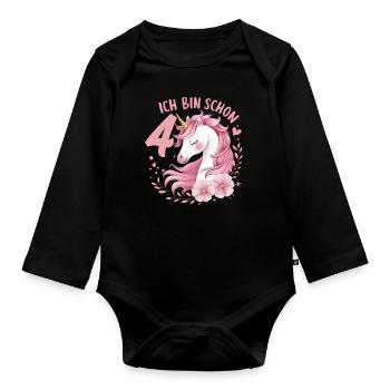 4. Geburtstag Mädchen 4 Jahre Pferd Pferde Einhorn - Baby Bio-Langarm-Body - Schwarz - Vorne
