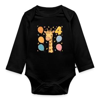 4th Birthday Giraffe Children's Birthday Party - Organic Longsleeve Baby Bodysuit - black - Front