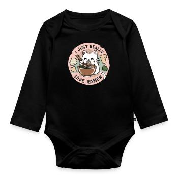 Adorable Cat with Ramen Noodles I Really Love - Organic Longsleeve Baby Bodysuit - black - Front