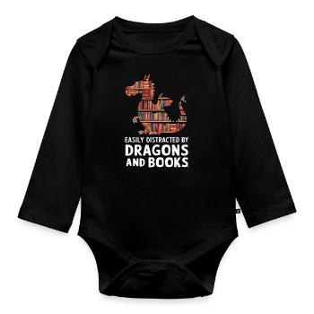 Fantasy Book Lover Drache mit Regalen - Baby Bio-Langarm-Body - Schwarz - Vorne