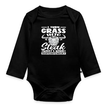 Ich Verwandle Gras In Steak Superkraft Highland - Baby Bio-Langarm-Body - Schwarz - Vorne