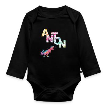 ANTON - Beau prénom de garçon avec dinosaure - Body Bébé bio manches longues - noir - Devant