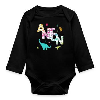 ANTON - Beau prénom de garçon avec dinosaure - Body Bébé bio manches longues - noir - Devant
