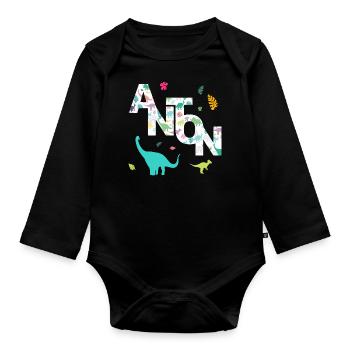 ANTON - Beau prénom de garçon avec dinosaure - Body Bébé bio manches longues - noir - Devant