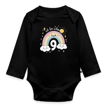 9th Birthday Shirt Rainbow Cloud - Organic Longsleeve Baby Bodysuit - black - Front