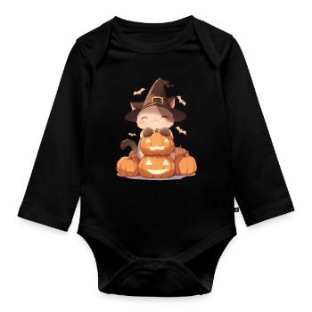 Cute Halloween cat with carved pumpkin - Organic Longsleeve Baby Bodysuit - black - Front