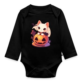 Niedliche Halloween Katze mit Kürbis Kawaii Anime - Baby Bio-Langarm-Body - Schwarz - Vorne