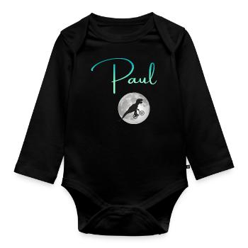 PAUL - Beautiful boy name with dinosaur - Organic Longsleeve Baby Bodysuit - black - Front