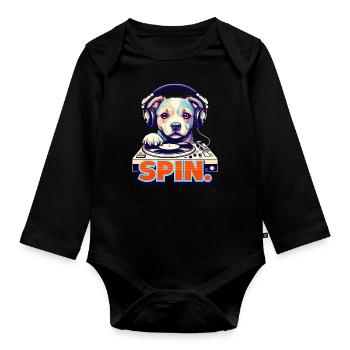Cute Dog DJ 90s Retro Disco Style - Organic Longsleeve Baby Bodysuit - black - Front