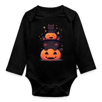 Niedliche Halloween Katzen mit Kürbissen - Baby Bio-Langarm-Body - Schwarz - Vorne