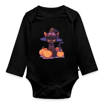Niedliche Halloween Katze mit Hexenhut und Kürbis - Baby Bio-Langarm-Body - Schwarz - Vorne