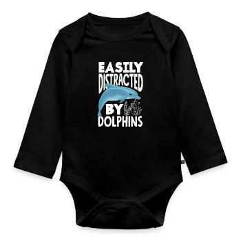 Easily distracted by dolphins - Organic Longsleeve Baby Bodysuit - black - Front