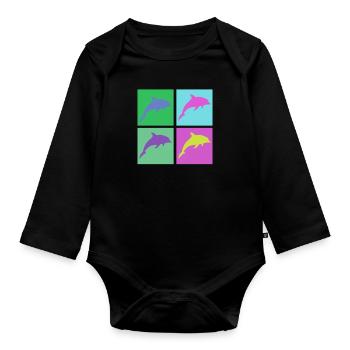 Bunte Delfine im Pop-Art Stil - Baby Bio-Langarm-Body - Schwarz - Vorne