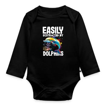 Easily distracted by dolphins - Organic Longsleeve Baby Bodysuit - black - Front