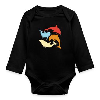Bunte Delfine Kreisel Meer Motiv - Baby Bio-Langarm-Body - Schwarz - Vorne