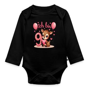 Cute Deer I'm 9 Kids 9th Birthday Girl - Organic Longsleeve Baby Bodysuit - black - Front