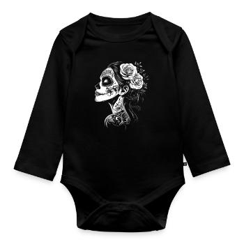 La Catrina Skull Side View with Roses - Organic Longsleeve Baby Bodysuit - black - Front