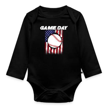 Baseball Sport Baseballspieler Pitcher Catcher USA - Baby Bio-Langarm-Body - Schwarz - Vorne