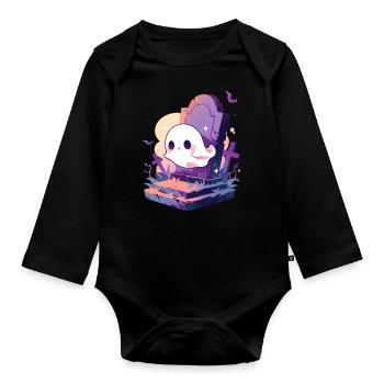 Halloween | Cute ghost spitting in cemetery - Organic Longsleeve Baby Bodysuit - black - Front