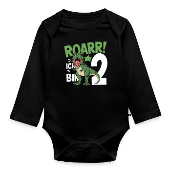 2. Geburtstag 2 Jahre Dino Dinosaurier Fan - Baby Bio-Langarm-Body - Schwarz - Vorne