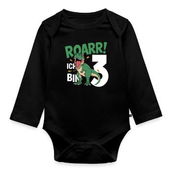 3. Geburtstag 3 Jahre Dino Dinosaurier Fan - Baby Bio-Langarm-Body - Schwarz - Vorne