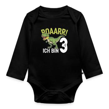 3. Geburtstag 3 Jahre Dino Dinosaurier Fan - Baby Bio-Langarm-Body - Schwarz - Vorne