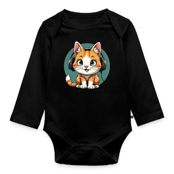 Chat mignon avec des écouteurs - écouter de la musique - Body Bébé bio manches longues - noir - Devant