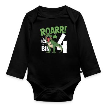 4th Birthday 4 Years Dino Dinosaur Fan - Organic Longsleeve Baby Bodysuit - black - Front