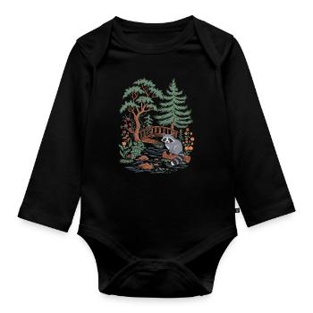 Cottagecore Waldlandschaft mit Waschbär und Brücke - Baby Bio-Langarm-Body - Schwarz - Vorne