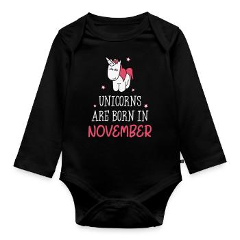 Unicorns are born in November - Organic Longsleeve Baby Bodysuit - black - Front