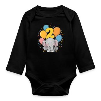 2. Geburtstag Elefant Kindergeburtstag - Baby Bio-Langarm-Body - Schwarz - Vorne