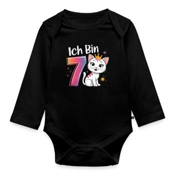 7th Birthday Cat Kitten Children's Birthday Party - Organic Longsleeve Baby Bodysuit - black - Front