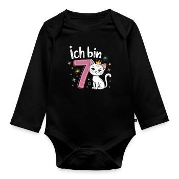 7th Birthday Cat Kitten Children's Birthday Party - Organic Longsleeve Baby Bodysuit - black - Front
