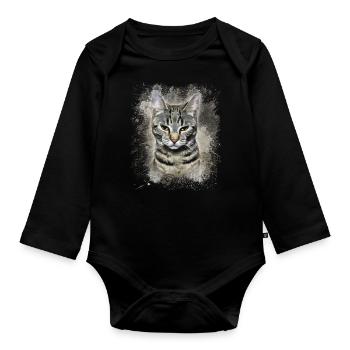 Tabby Cat Watercolor, Cute Cat Motif - Organic Longsleeve Baby Bodysuit - black - Front