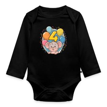 4th Birthday Mouse Children's Birthday Party - Organic Longsleeve Baby Bodysuit - black - Front