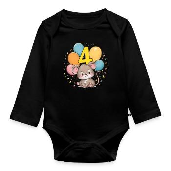 4th Birthday Mouse Children's Birthday Party - Organic Longsleeve Baby Bodysuit - black - Front