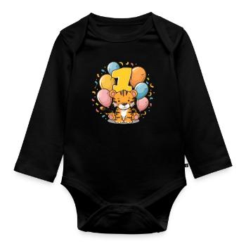 1st Birthday Tiger Children's Birthday Party - Organic Longsleeve Baby Bodysuit - black - Front